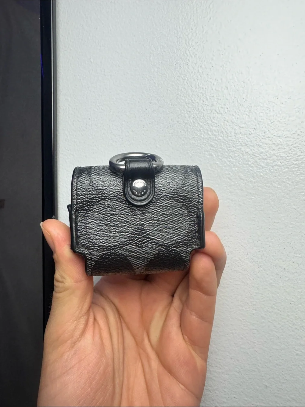 Coach Black Pebble Leather AirPods Case with Snap Closure
